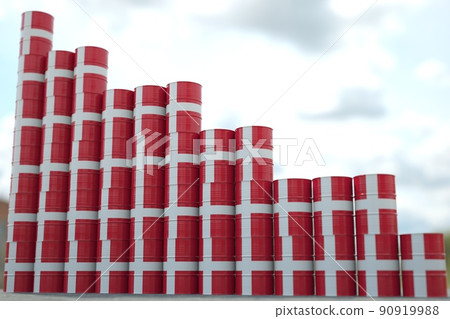 Oil barrels with flag of Denmark form downward trend. Petroleum industry problems concept, 3D rendering Oil barrels with flag of Denmark form downward trend. Petroleum industry problems concept, 3D rendering 90919988