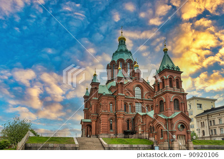 Helsinki Finland, sunrise city skyline at Uspenski Cathedral 90920106