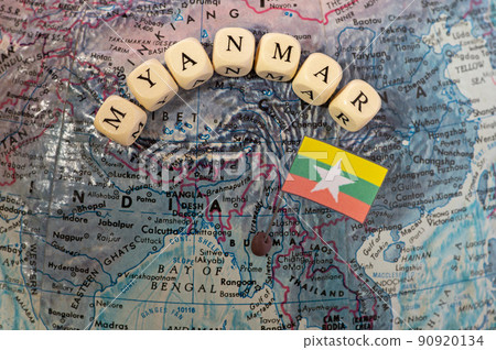 Myanmar map and national flag 90920134