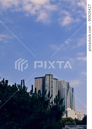 （海邊風景）透過森林看到的海濱摩天大樓：垂直構圖 90920427