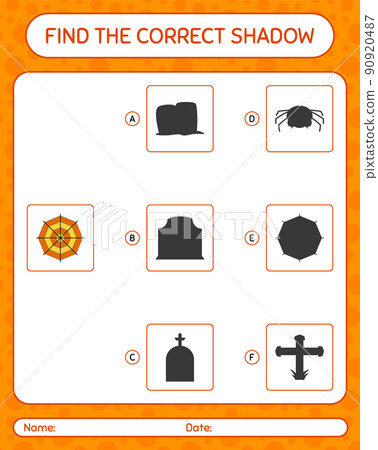 Find the correct shadows game with spider web. worksheet for preschool kids, kids activity sheet Find the correct shadows game with spider web. worksheet for preschool kids, kids activity sheet 90920487