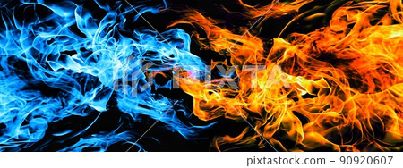 紅色和藍色火焰旋轉的 3D 插圖 90920607