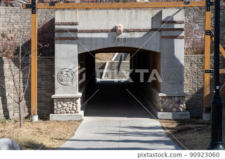 Jasper, Alberta, Canada - May 1 2021 : Pedestrian sidewalk trail 12 tunnel under railway. 90923060