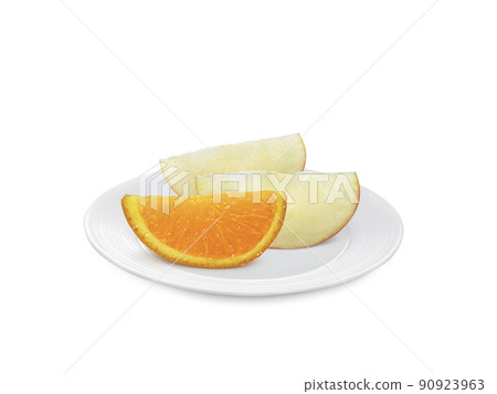 Apple Orange fruit on dish isolated on white background 90923963