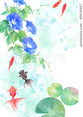 金魚、牽牛花和睡蓮的水彩插圖。夏天的形象。夏季問候背景。 90926997