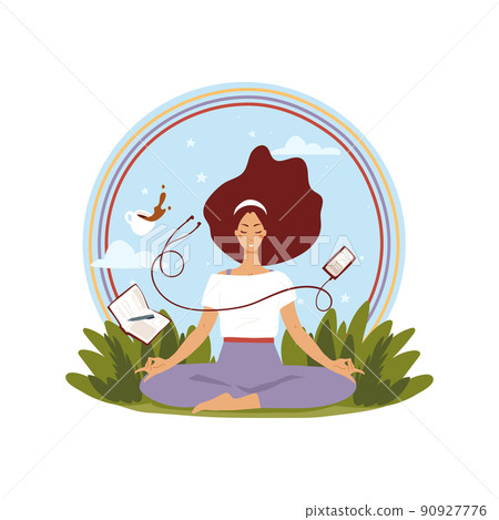 Girl practicing yoga outdoors on landscape background, round icon isolated. The concept of relaxing the mind, student stress during exams at the institute, meditation at work. Flat vector cartoon Girl practicing yoga outdoors on landscape background, round icon isolated. The concept of relaxing the mind, student stress during exams at the institute, meditation at work. Flat vector cartoon 90927776