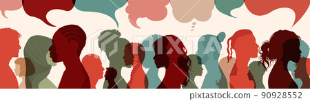 Crowd.Silhouette heads faces to the side of group of international people talking.Diversity people.Speech bubble. Communication. Communicate on social networks. Racial equality.Ethnicity Crowd.Silhouette heads faces to the side of group of international people talking.Diversity people.Speech bubble. Communication. Communicate on social networks. Racial equality.Ethnicity 90928552