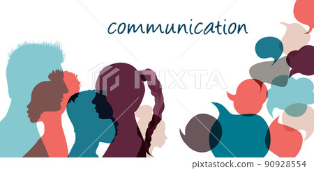 Silhouette heads multiethnic people in profile talking and communicating.Communication text. Speech bubble. Communicate and share ideas and information on social networks.Community. Speak 90928554