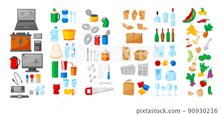 Garbage objects. Rubbish sorting. Plastic, metal and organic landfill symbol. Household waste classification for litter utilization and ecological litter reuse. Trash disposal and recycle vector set 90930216