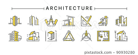 Architect buildings. Line icons of architecture project for engineer documents and real estate plans. Apartment interior blueprint. House construction. Drafting stationery. Vector design logo set 90930280