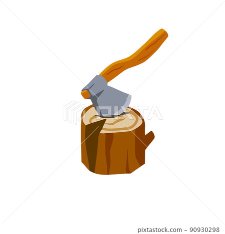 Axe with log. Felling and cutting of wood. Firewood harvesting and hiking. 90930298
