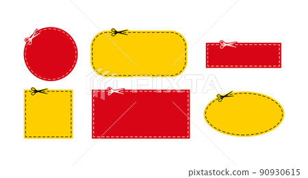 Scissors cut red and yellow coupon dotted line with dash icon. 90930615