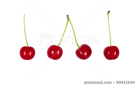 Juicy red cherries set isolated on white background. Ripe berries on a branch. 90932694