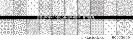 Geometric floral set of seamless patterns. White and gray vector backgrounds. Simple illustrations Geometric floral set of seamless patterns. White and gray vector backgrounds. Simple illustrations 90935609