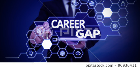 Hand writing sign Career Gap. Business overview A scene where in you stop working by your profession for a while Businessman in suit holding notepad symbolizing successful teamwork. 90936411