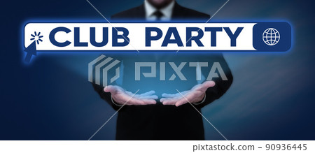Inspiration showing sign Club Party. Concept meaning social gathering in a place that is informal and can have drinks Lady in suit holding pen symbolizing successful teamwork accomplishments. 90936445
