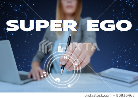 Text caption presenting Super Ego. Business showcase The I or self of any person that is empowering his whole soul Lady in suit holding ballpoint pen representing innovative thinking. 90936465