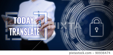 Conceptual caption Translate. Business concept Another word with same equivalent meaning of a target language Businessman in suit holding notepad symbolizing successful teamwork. 90936474