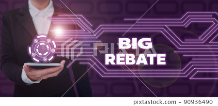 Text caption presenting Big Rebate. Concept meaning Huge rewards that can get when you engaged to a special promo Lady in suit holding pen symbolizing successful teamwork accomplishments. Text caption presenting Big Rebate. Concept meaning Huge rewards that can get when you engaged to a special promo Lady in suit holding pen symbolizing successful teamwork accomplishments. 90936490