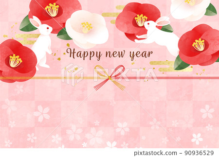 可愛的粉紅色 2023 年新年賀卡矢量插圖模板兔、山茶花和 Mizuhiki 可愛的粉紅色 2023 年新年賀卡矢量插圖模板兔、山茶花和 Mizuhiki 90936529