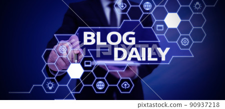 Text caption presenting Blog Daily. Word for Daily posting of any event via internet or media tools Businessman in suit holding notepad symbolizing successful teamwork. Text caption presenting Blog Daily. Word for Daily posting of any event via internet or media tools Businessman in suit holding notepad symbolizing successful teamwork. 90937218