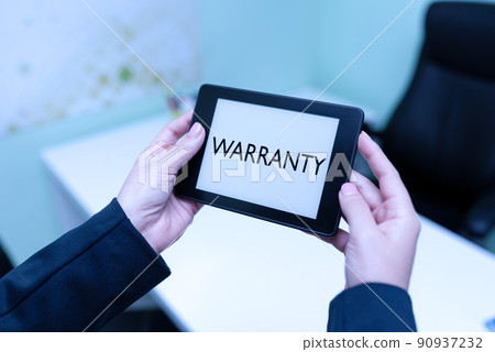 Text sign showing Warranty. Word for Free service of repair and maintenance of the product sold -47089 90937232