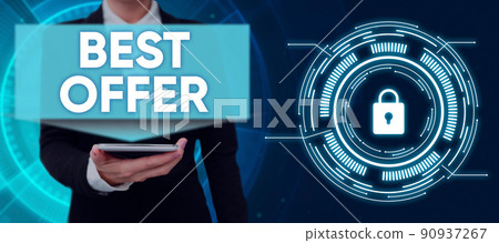 Conceptual caption Best Offer. Business idea To convince someone by rendering all the greatness you can give Lady in suit holding pen symbolizing successful teamwork accomplishments. 90937267