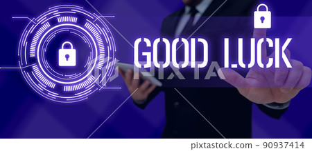 Conceptual display Good Luck. Business idea A positive fortune or a happy outcome that a person can have Businessman in suit holding notepad symbolizing successful teamwork. Conceptual display Good Luck. Business idea A positive fortune or a happy outcome that a person can have Businessman in suit holding notepad symbolizing successful teamwork. 90937414