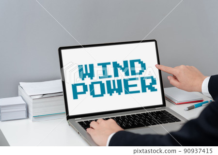 Conceptual display Wind Power. Concept meaning use of air flowto provide mechanical power to turn generators -47545 Conceptual display Wind Power. Concept meaning use of air flowto provide mechanical power to turn generators -47545 90937415