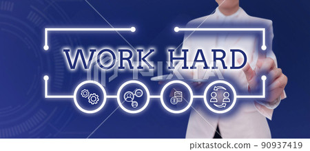 Text showing inspiration Work Hard. Business idea Laboring that puts effort into doing and completing tasks Lady in suit holding pen symbolizing successful teamwork accomplishments. 90937419