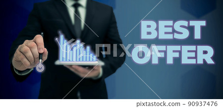 Conceptual display Best Offer. Concept meaning To convince someone by rendering all the greatness you can give Lady in suit holding pen symbolizing successful teamwork accomplishments. 90937476