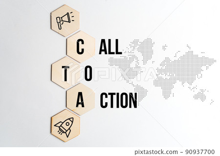 Concept call to action or CTA. Text and icons on wooden blocks 90937700