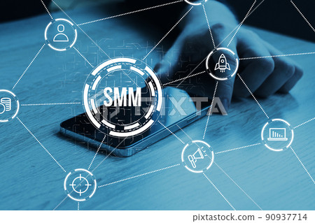 Concept social media marketing or smm. Abstraction with icons on the background of a person with a smartphone. Concept social media marketing or smm. Abstraction with icons on the background of a person with a smartphone. 90937714