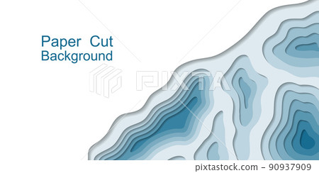 Papercut topography background, 3d multi layers. Abstract origami paper cut relief map, web banner. Blue and teal sea water levels, modern trendy design. Vector illustration 90937909