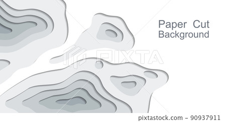Papercut topography background, 3d multi layers. Abstract origami paper cut relief map, web banner. Gray and white ground levels, modern trendy design. Vector illustration 90937911