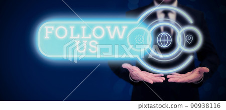 Hand writing sign Follow Us. Business approach To invite a person or group to join his company and take rules Businessman in suit holding open palm symbolizing successful teamwork. 90938116