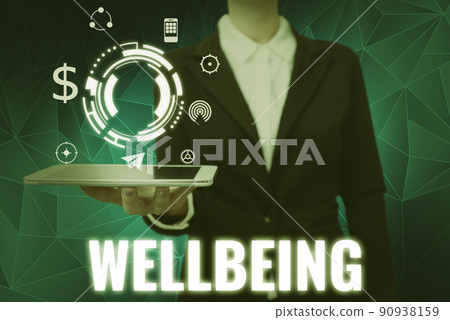 Inspiration showing sign Wellbeing. Concept meaning A good or satisfactory condition of existence including health Lady in suit holding electrical tablet presenting innovative thinking. Inspiration showing sign Wellbeing. Concept meaning A good or satisfactory condition of existence including health Lady in suit holding electrical tablet presenting innovative thinking. 90938159