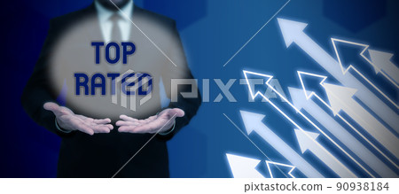 Conceptual caption Top Rated. Business concept The high amount of a charge or payment based on calculation Businessman in suit holding notepad symbolizing successful teamwork. Conceptual caption Top Rated. Business concept The high amount of a charge or payment based on calculation Businessman in suit holding notepad symbolizing successful teamwork. 90938184