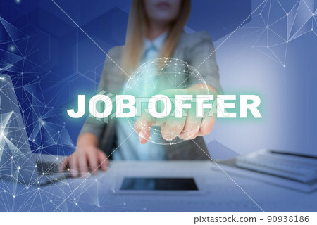 Hand writing sign Job Offer. Word Written on A peron or company that gives opurtunity for one s is employment Lady in suit pointing finger represents global innovative thinking. Hand writing sign Job Offer. Word Written on A peron or company that gives opurtunity for one s is employment Lady in suit pointing finger represents global innovative thinking. 90938186