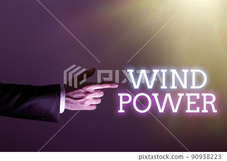 Conceptual caption Wind Power. Business idea use of air flowto provide mechanical power to turn generators -48931 Conceptual caption Wind Power. Business idea use of air flowto provide mechanical power to turn generators -48931 90938223