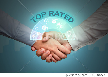 Conceptual display Top Rated. Internet Concept The high amount of a charge or payment based on calculation Hands shaking presenting innovative plan ideas symbolizing teamwork. 90938274