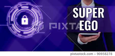 Handwriting text Super Ego. Business showcase The I or self of any person that is empowering his whole soul Businessman in suit holding notepad symbolizing successful teamwork. 90938278