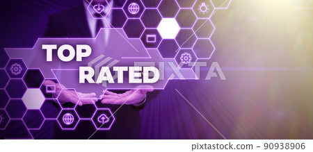 Writing displaying text Top Rated. Internet Concept The high amount of a charge or payment based on calculation Lady in suit holding pen symbolizing successful teamwork accomplishments. 90938906