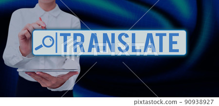 Text caption presenting Translate. Conceptual photo Another word with same equivalent meaning of a target language Lady in suit holding pen symbolizing successful teamwork accomplishments. Text caption presenting Translate. Conceptual photo Another word with same equivalent meaning of a target language Lady in suit holding pen symbolizing successful teamwork accomplishments. 90938927