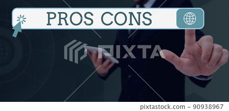 Text showing inspiration Pros Cons. Business overview The favorable and unfavorable factors or reasons of person Businessman in suit holding tablet symbolizing successful teamwork. Text showing inspiration Pros Cons. Business overview The favorable and unfavorable factors or reasons of person Businessman in suit holding tablet symbolizing successful teamwork. 90938967