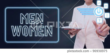 Text caption presenting Men Women. Business approach The state where in a boy or a girl turns to be a mature adult Lady in suit holding pen symbolizing successful teamwork accomplishments. 90938975