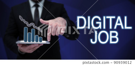 Text showing inspiration Digital Job. Word Written on get paid task done through internet and personal computer Businessman in suit holding notepad symbolizing successful teamwork. 90939012