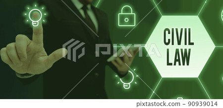 Hand writing sign Civil Law. Concept meaning Law concerned with private relations between members of community Businessman in suit holding open palm symbolizing successful teamwork. Hand writing sign Civil Law. Concept meaning Law concerned with private relations between members of community Businessman in suit holding open palm symbolizing successful teamwork. 90939014