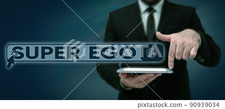 Conceptual caption Super Ego. Business approach The I or self of any person that is empowering his whole soul Lady in suit holding pen symbolizing successful teamwork accomplishments. 90939034