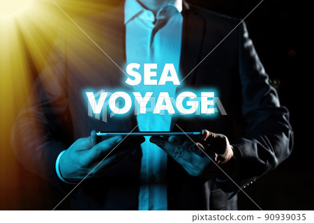 Conceptual caption Sea Voyage. Internet Concept riding on boat through oceans usually for coast countries Computer Keyboard And Symbol.Information Medium For Communication. 90939035